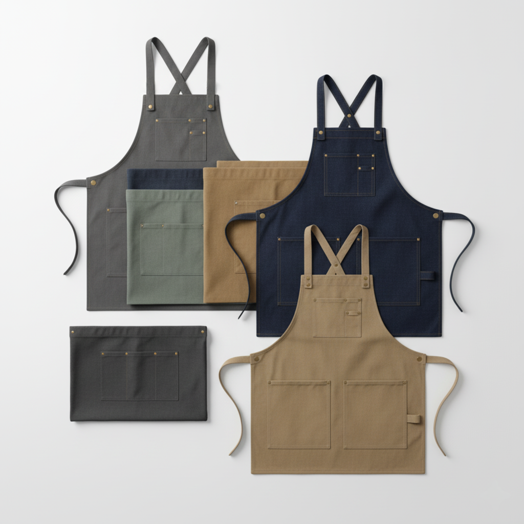 Flat lay of multiple apron styles, bib, waist, bistro, and shop aprons arranged on white surface for professional display.