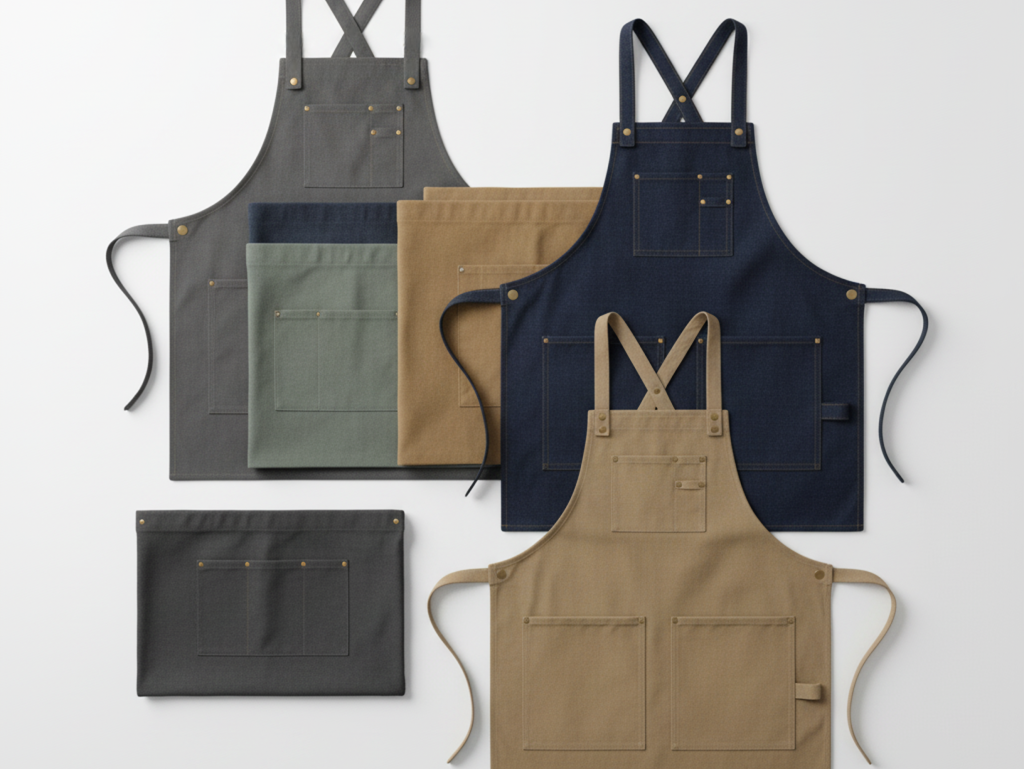 Flat lay of multiple apron styles, bib, waist, bistro, and shop aprons arranged on white surface for professional display.