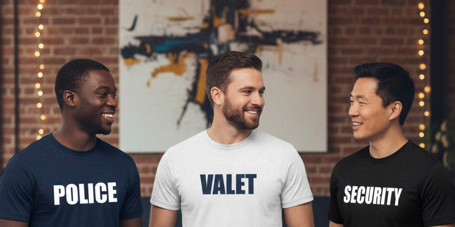 Titled t-shirts for men, staff, security, and police – durable, customizable t-shirts ideal for work teams, law enforcement, and professional uniforms. High-quality, comfortable apparel with logo or name personalization.