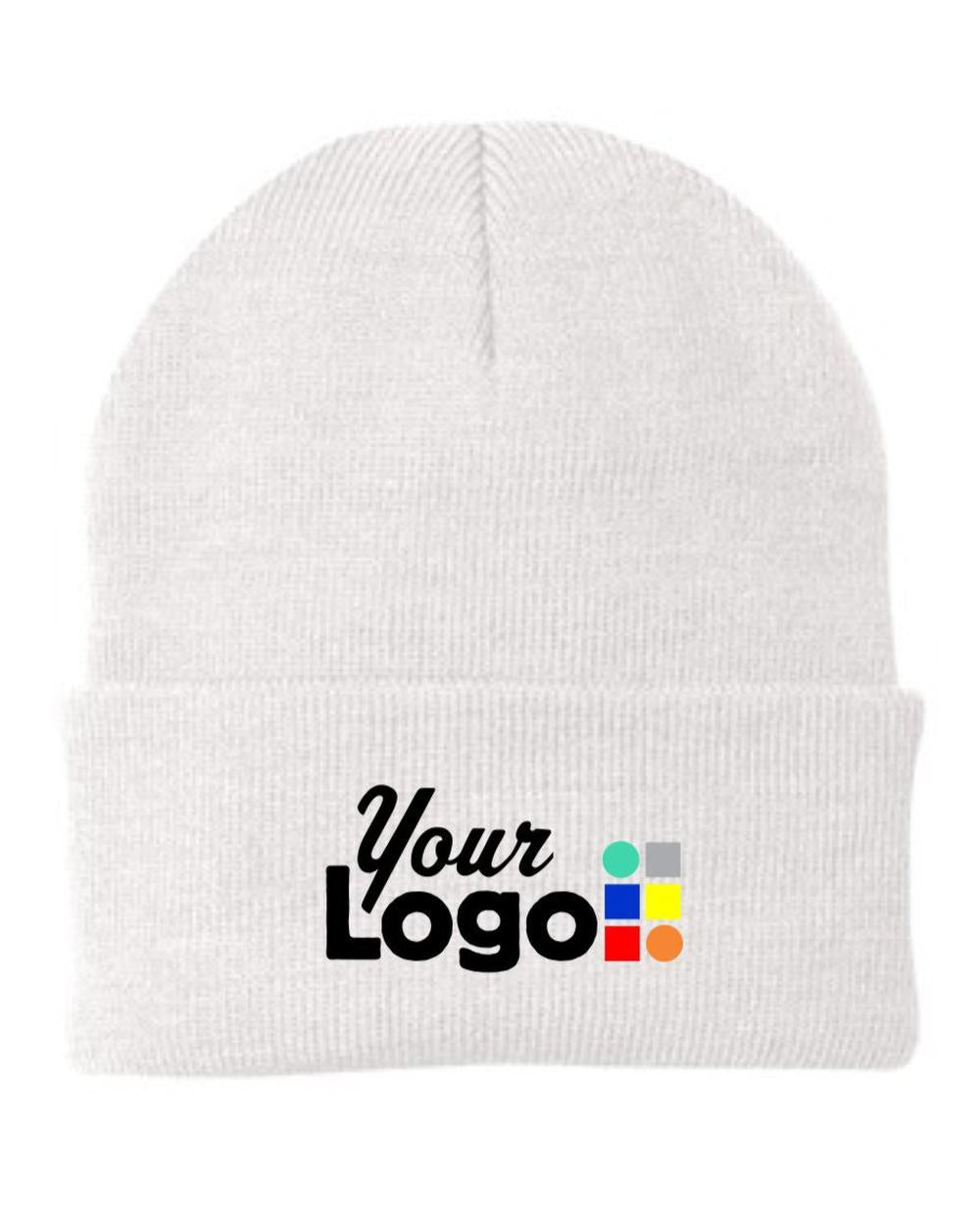 Port & Company Knit Custom Beanie, color: White