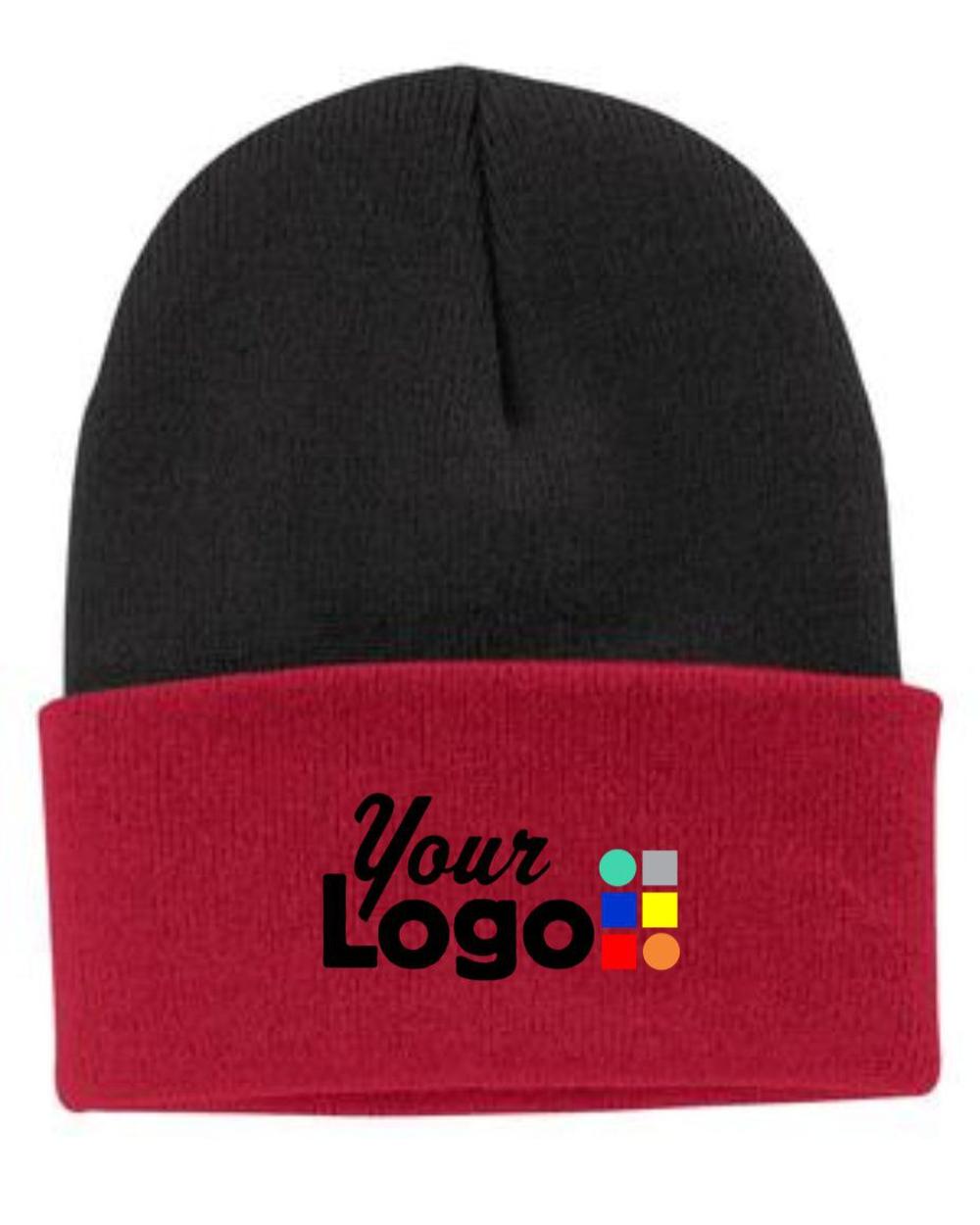 Port & Company Knit Custom Beanie, color: Black/Athletic Red