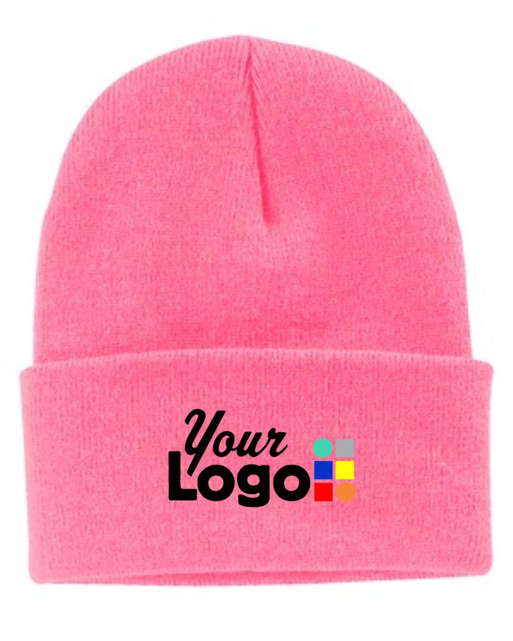 Port & Company Knit Custom Beanie, color: Neon Pink Glo