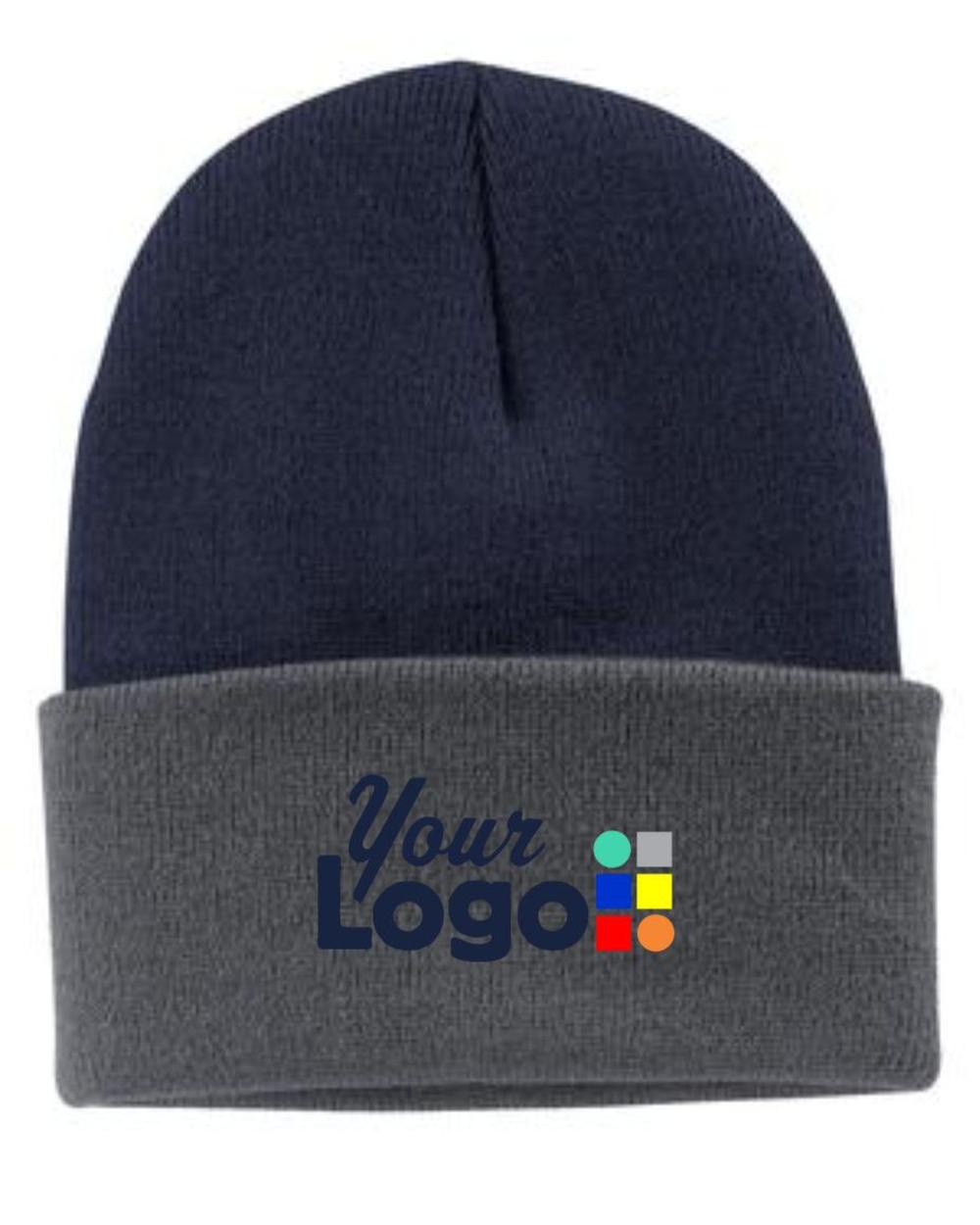 Port & Company Knit Custom Beanie, color: Navy/Athletic Oxford
