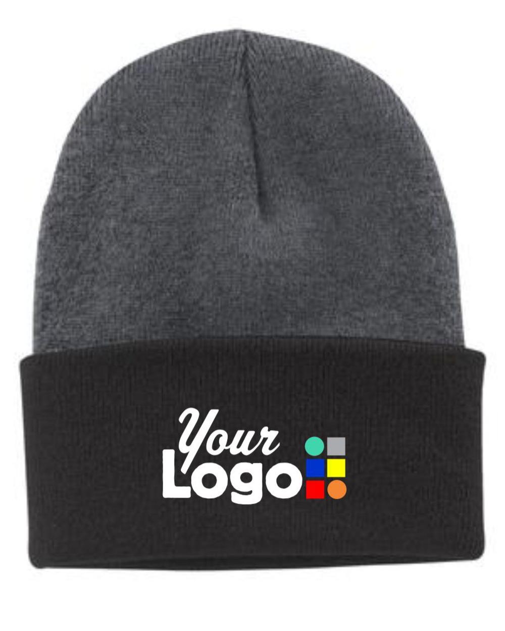 Port & Company Knit Custom Beanie, color: Athletic Oxford/Black