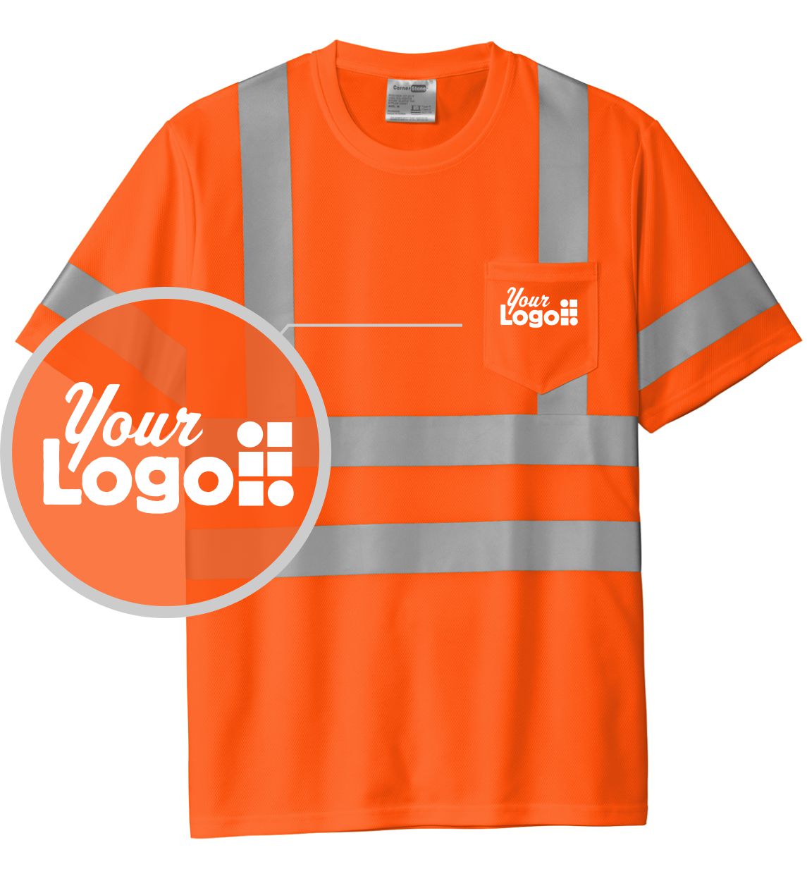 CornerStone S/S Hi-Visibility ANSI 107 Class-3 Pocket Custom T-Shirt, color: Safety Orange