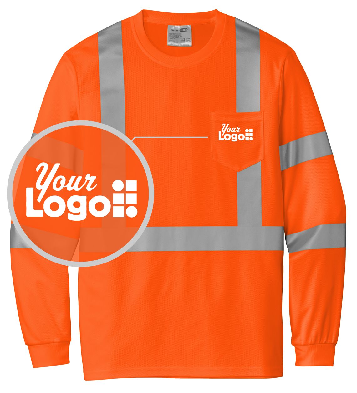 CornerStone L/S Hi-Visibility ANSI 107 Class-3 Pocket Custom T-Shirt, color: Safety Orange