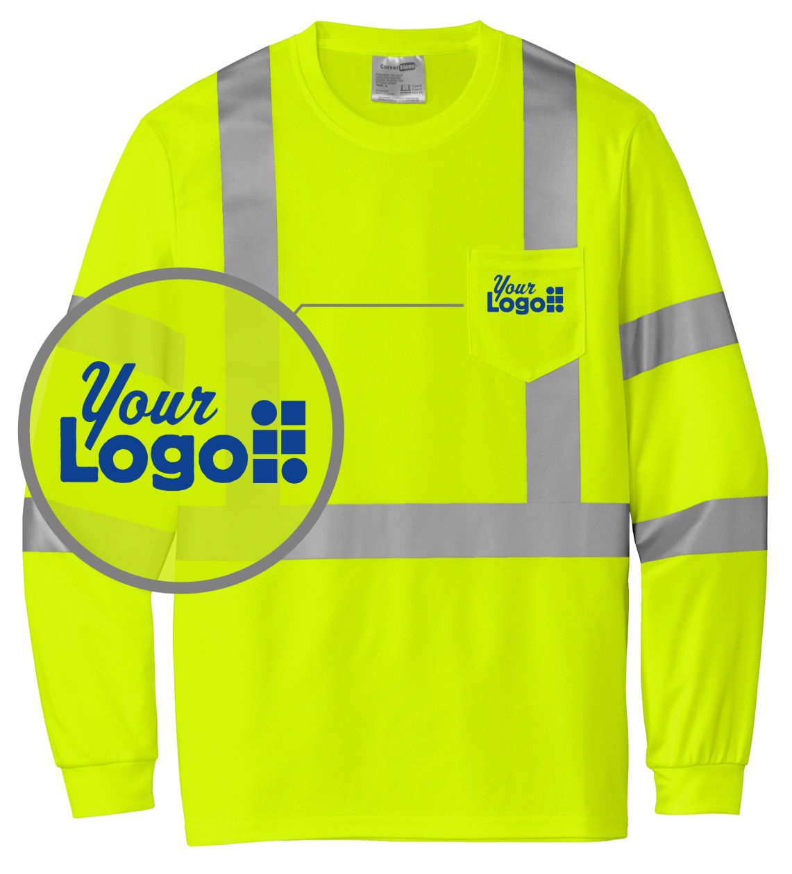 CornerStone L/S Hi-Visibility ANSI 107 Class-3 Pocket Custom T-Shirt, color: Safety Yellow