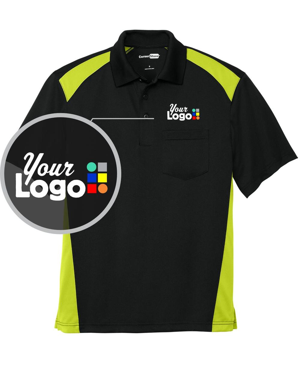 CornerStone S/S Snag-Proof Colorblock Pocket Industrial Custom Golf Shirt, color: Black/Shock Green