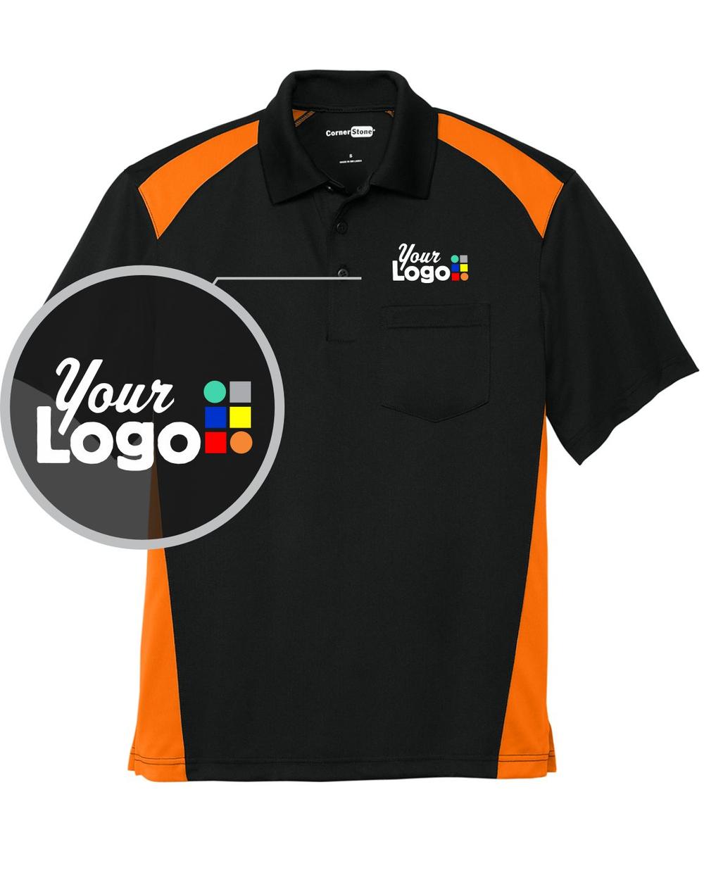 CornerStone S/S Snag-Proof Colorblock Pocket Industrial Custom Golf Shirt, color: Black/Shock Orange