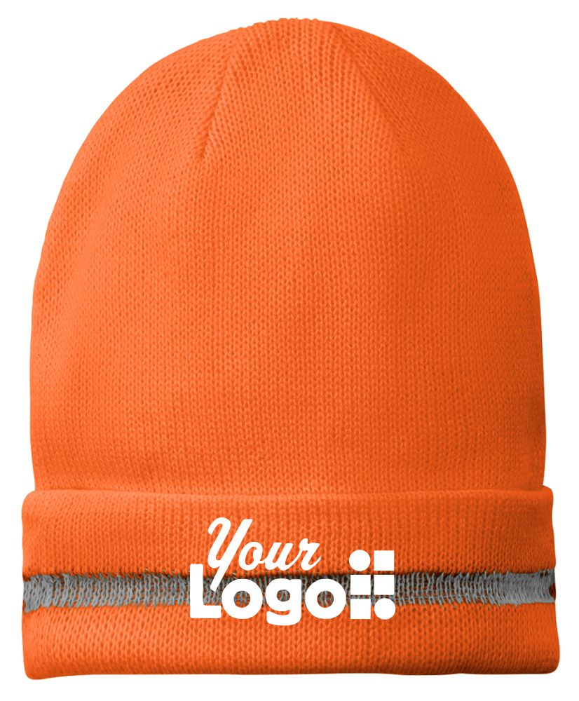 CornerStone Enhanced Visibility with Reflective Stripe Custom Beanie, color: Safety Orange/Reflective