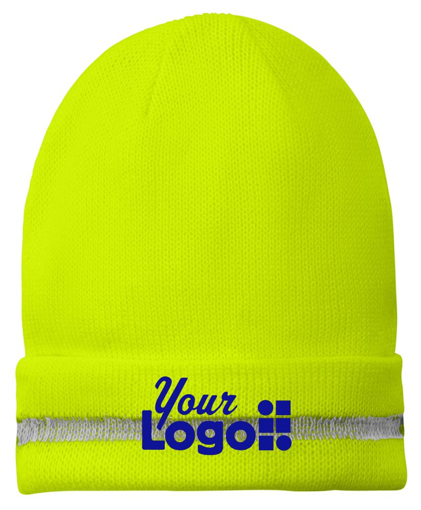CornerStone Enhanced Visibility with Reflective Stripe Custom Beanie, color: Safety Yellow/Reflective