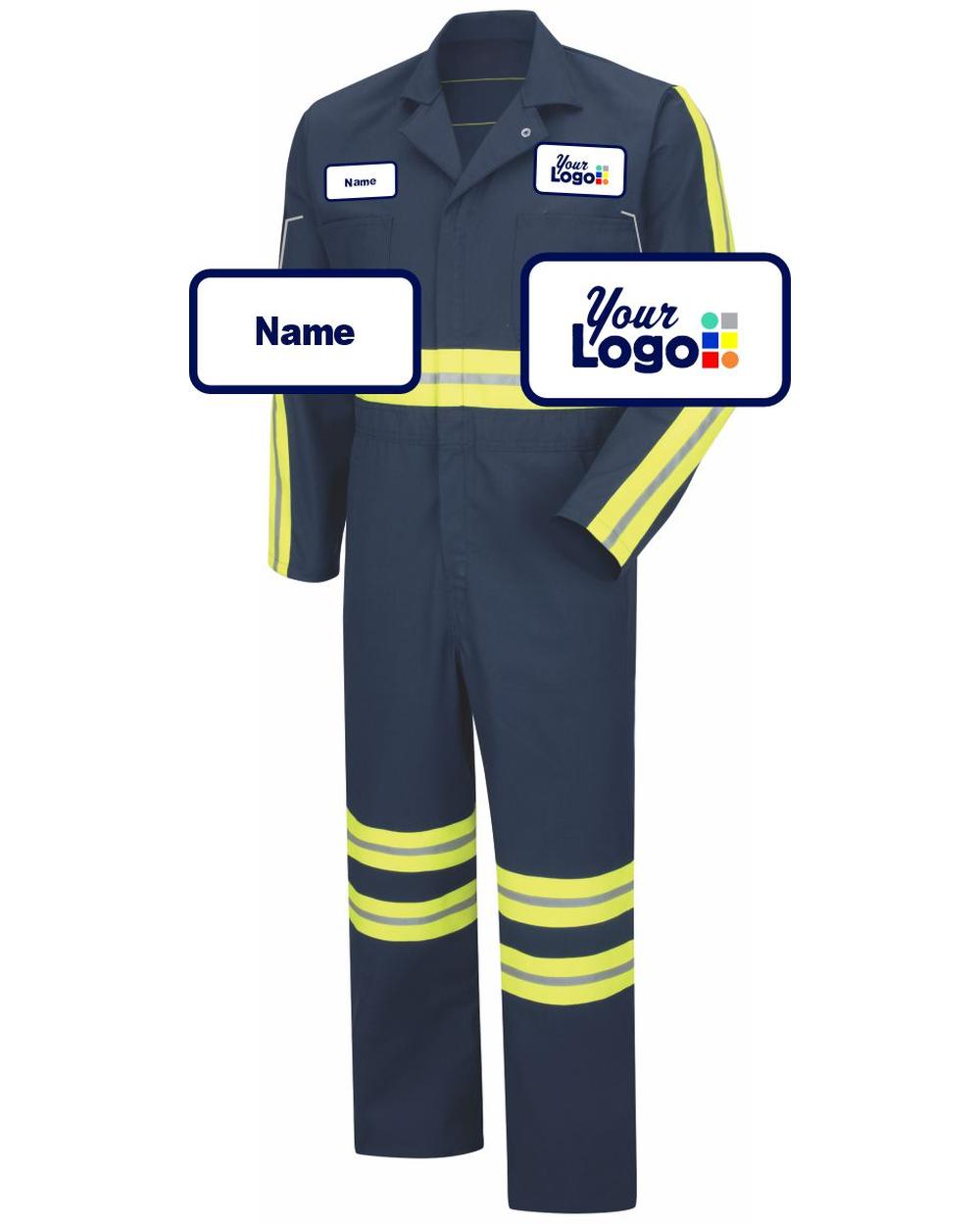 RedKap Twill Action-Back Custom Coverall, color: Navy With Yellow/Green Visibility Trim