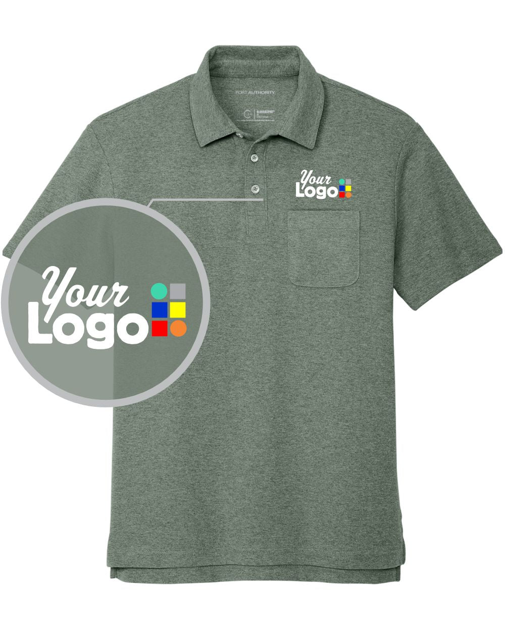Port Authority S/S C-Free Cotton Blend Pique Pocket Custom Golf Shirt, color: Dark Green Heather