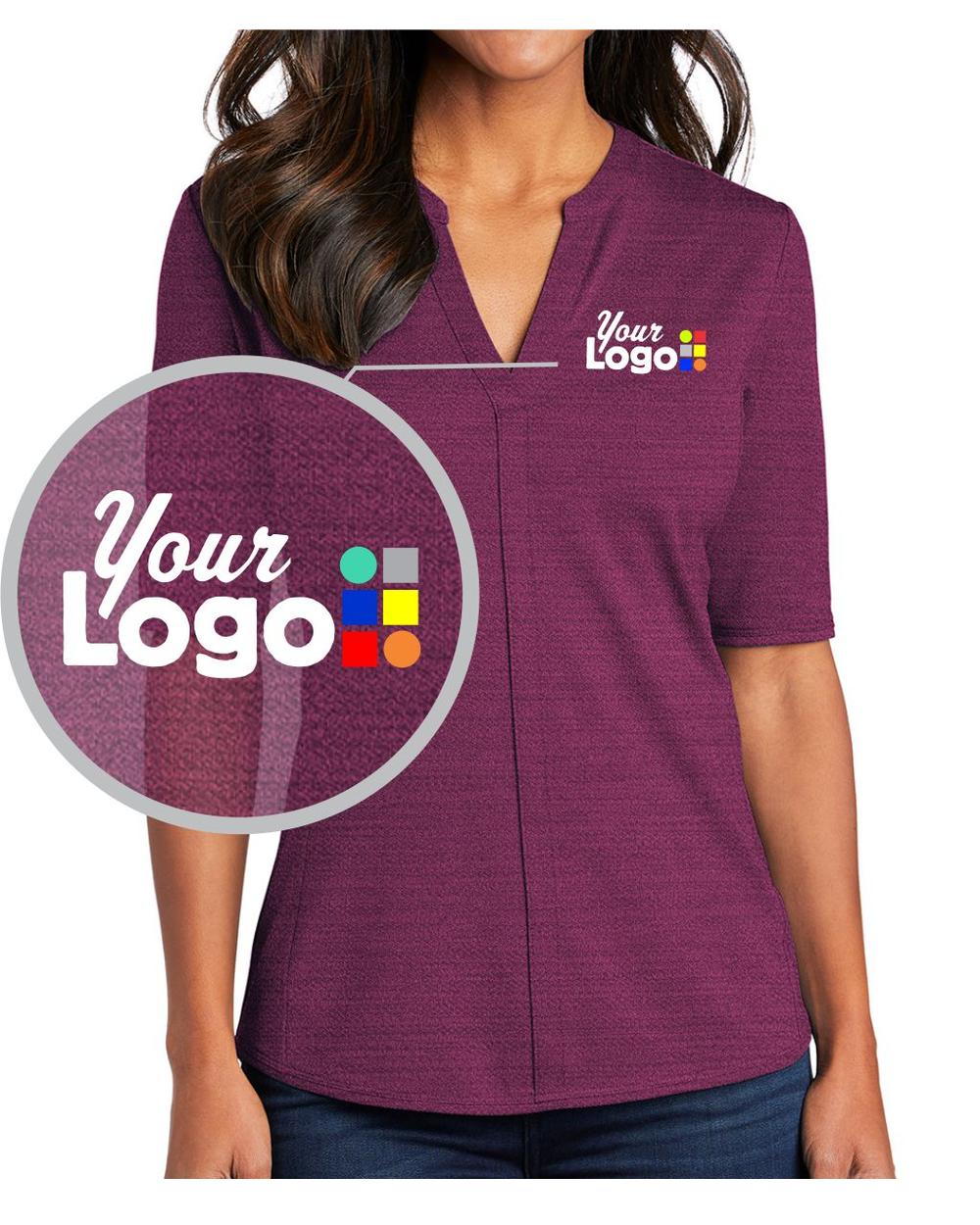 Port Authority S/S Stretch Heather Open Neck Top Custom Golf Shirt, color: Violet Purple/Black