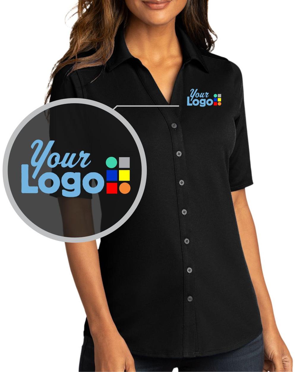 Port Authority S/S City Stretch Full-Button Custom Golf Shirt, color: Black