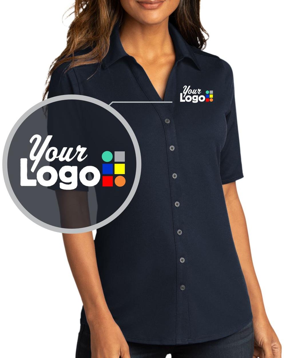 Port Authority S/S City Stretch Full-Button Custom Golf Shirt, color: River Blue Navy