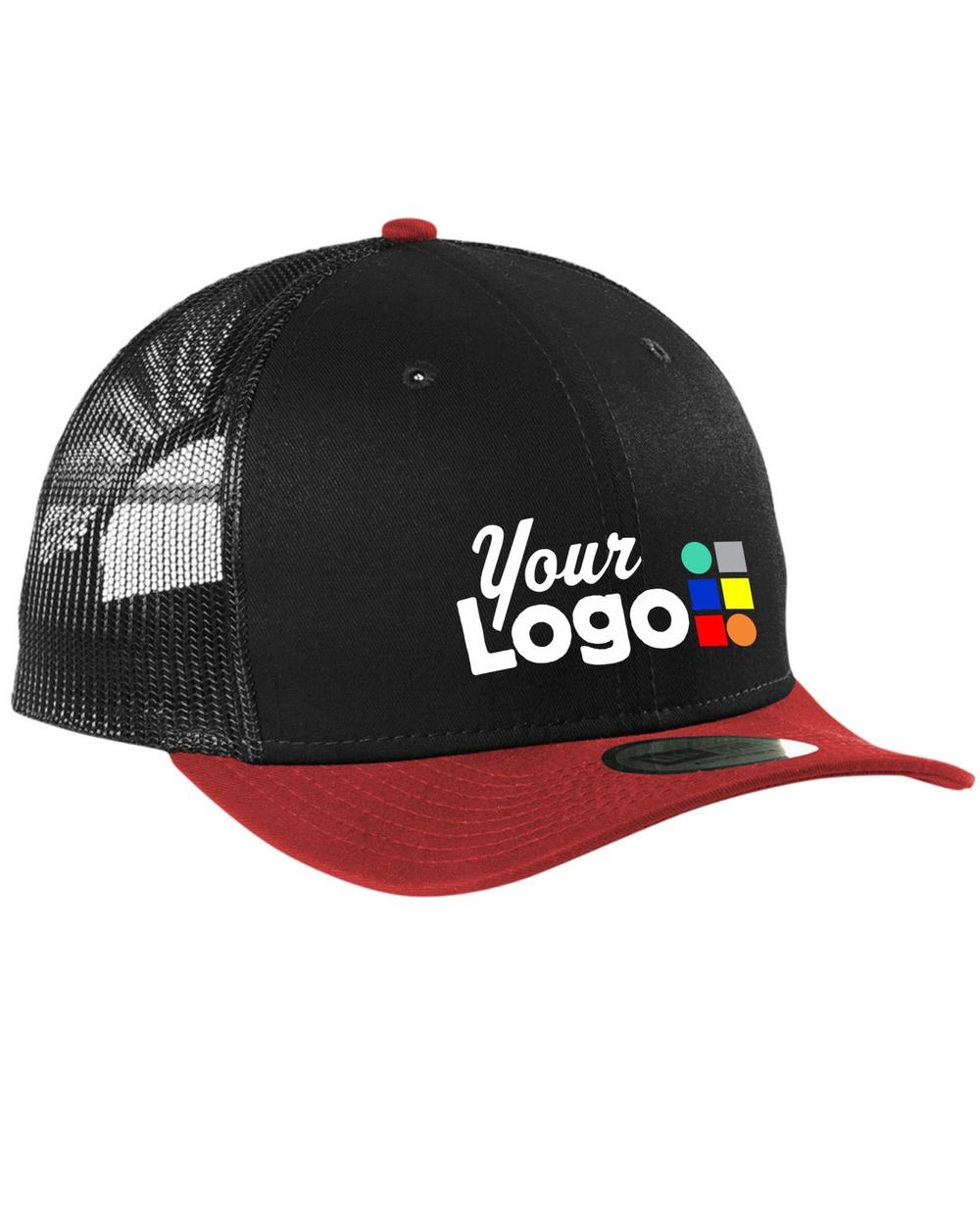 New Era Snapback Low Profile Trucker Custom Cap, color: Black/Scarlet