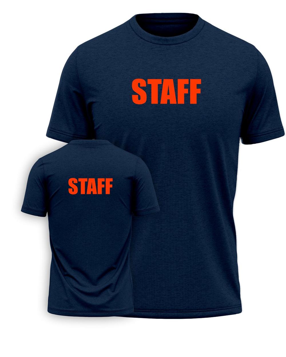 Port & Company S/S Staff Titled T-Shirt, color: Navy/Neon Orange