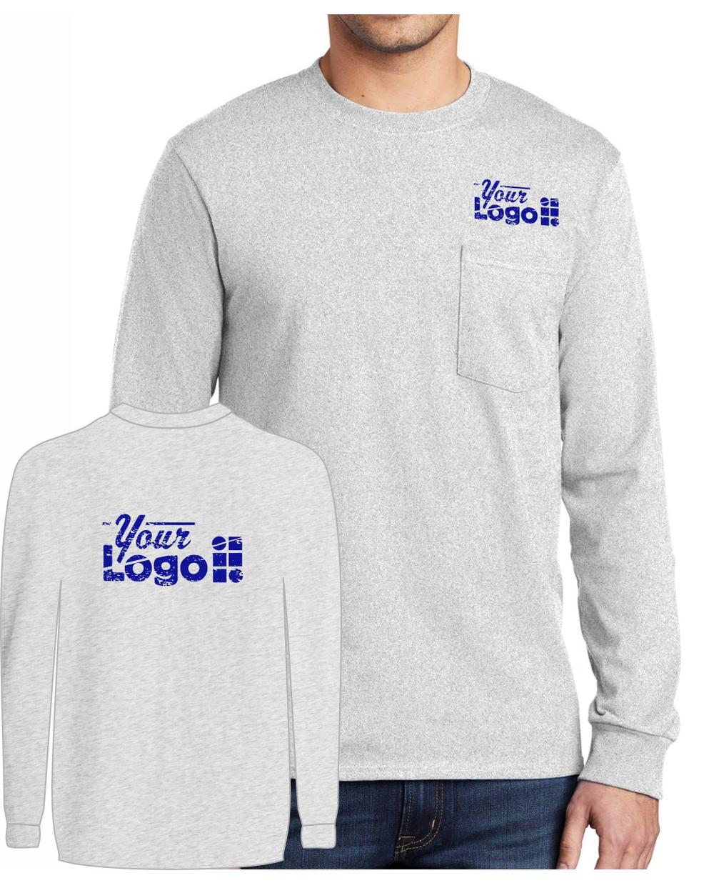 Port & Company L/S Cotton Pocket Custom T-Shirt, color: Ash