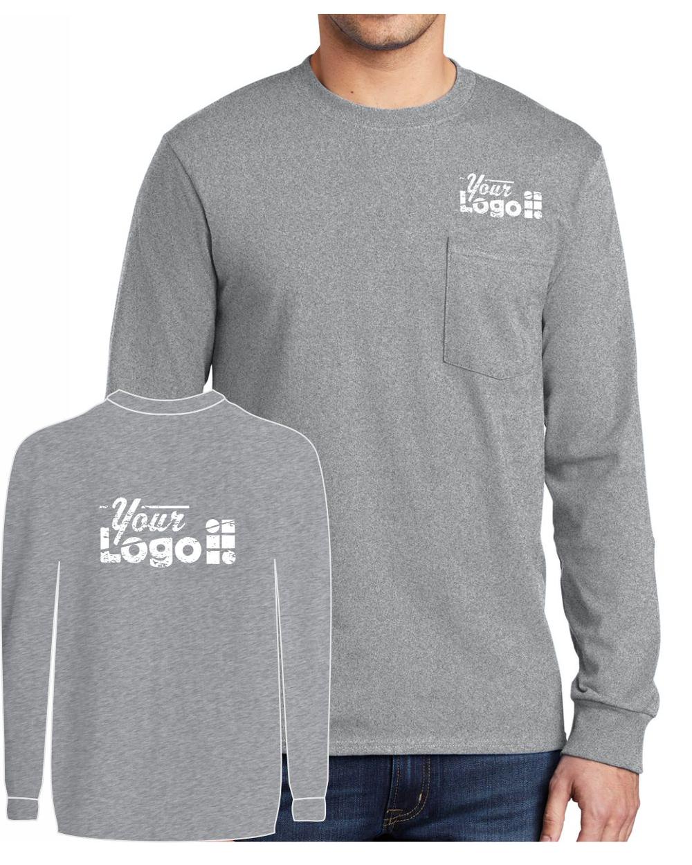 Port & Company L/S Cotton Pocket Custom T-Shirt, color: Athletic Heather