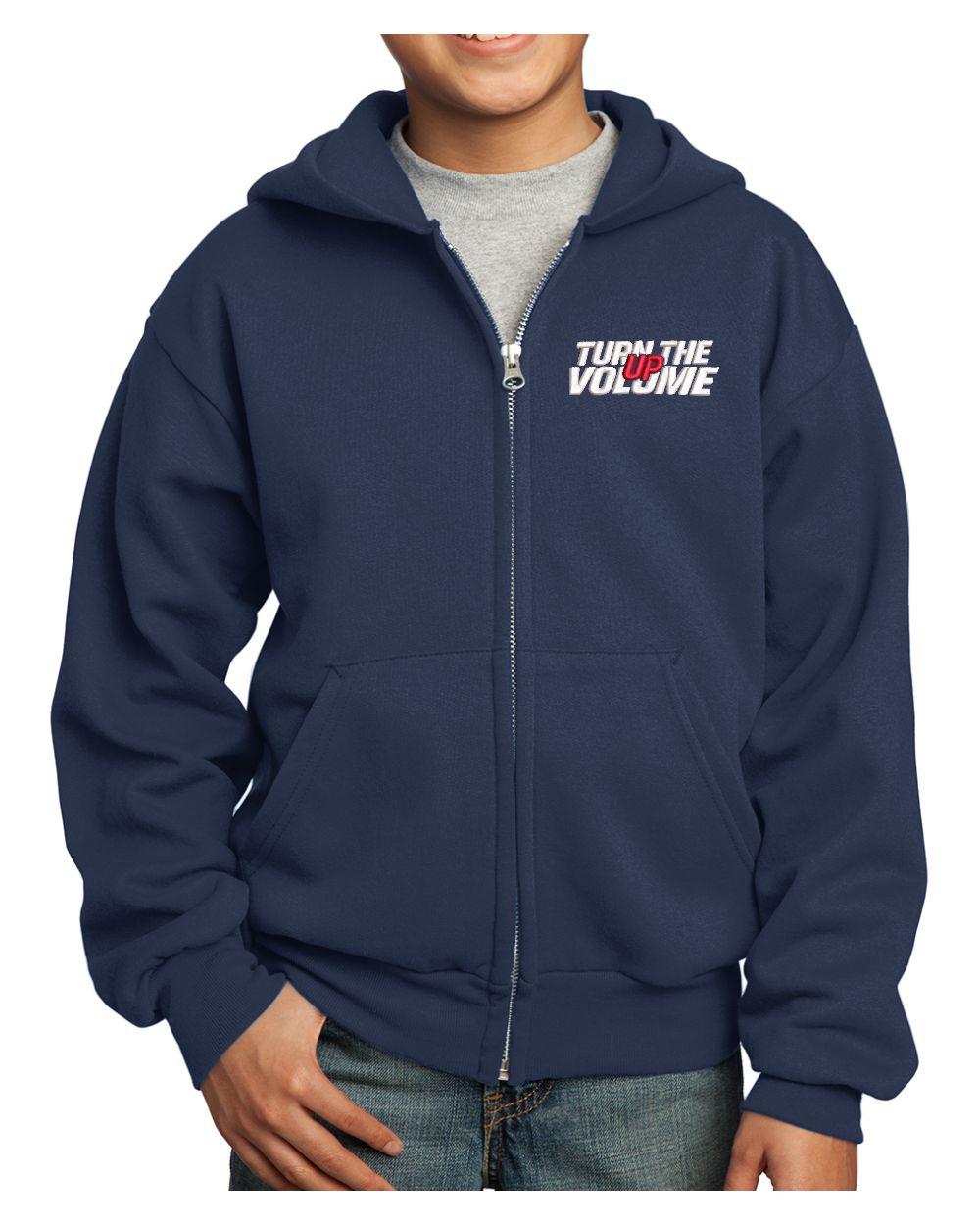 Port & Company Ultimate Full-Zip Turn The Volume Up Hoodie, color: Navy