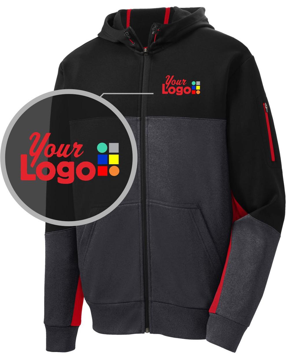 Sport-Tek Tech-Fleece ColorBlock Custom Hoodie, color: Black/Graphite Heather/True Red