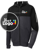 Sport-Tek Tech-Fleece ColorBlock Custom Hoodie, color: Black/Graphite Heather/White
