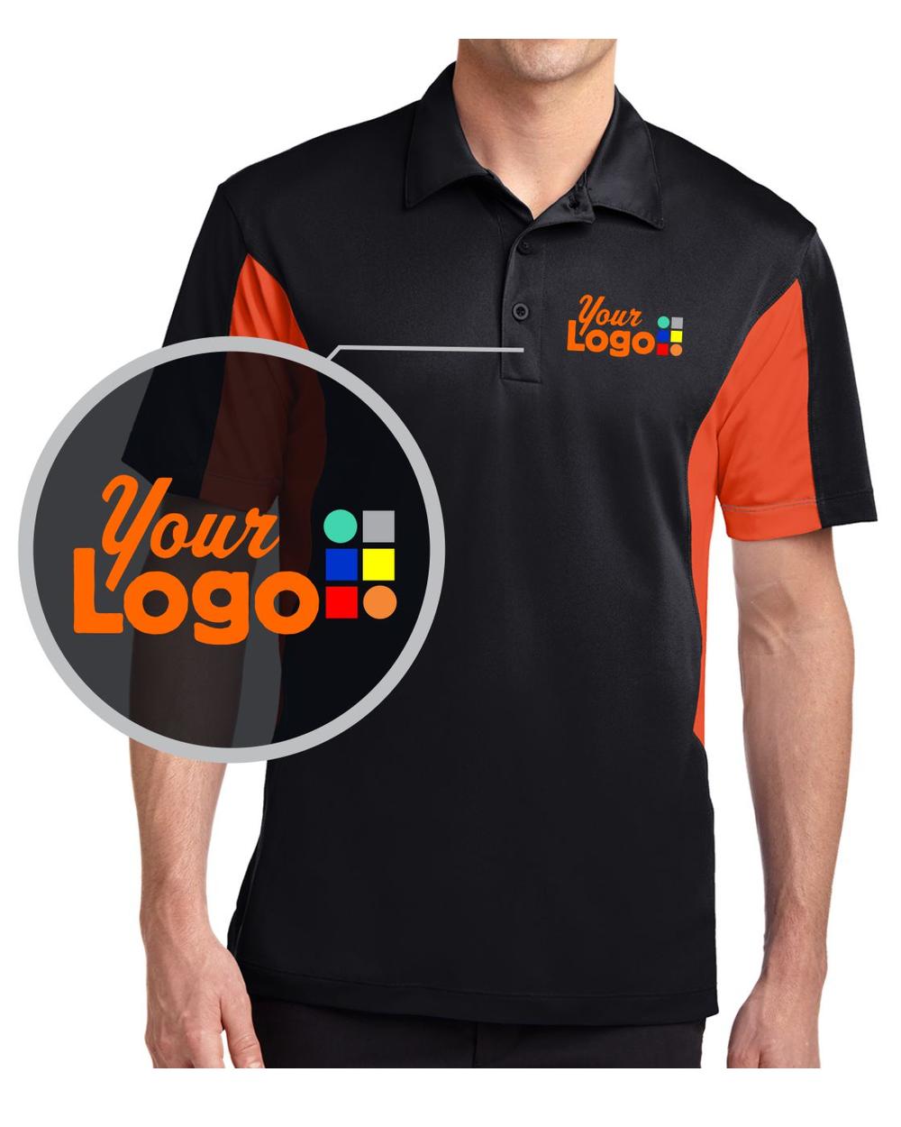 Sport-Tek S/S Side Blocked Micropique Wicking Custom Golf Shirt, color: Black/Deep Orange