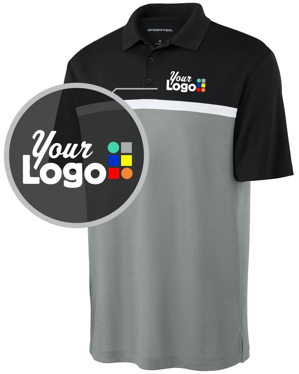 Sport-Tek S/S UV Micropique ColorBlock Custom Golf Shirt, color: Black/Grey Concrete Heather/White