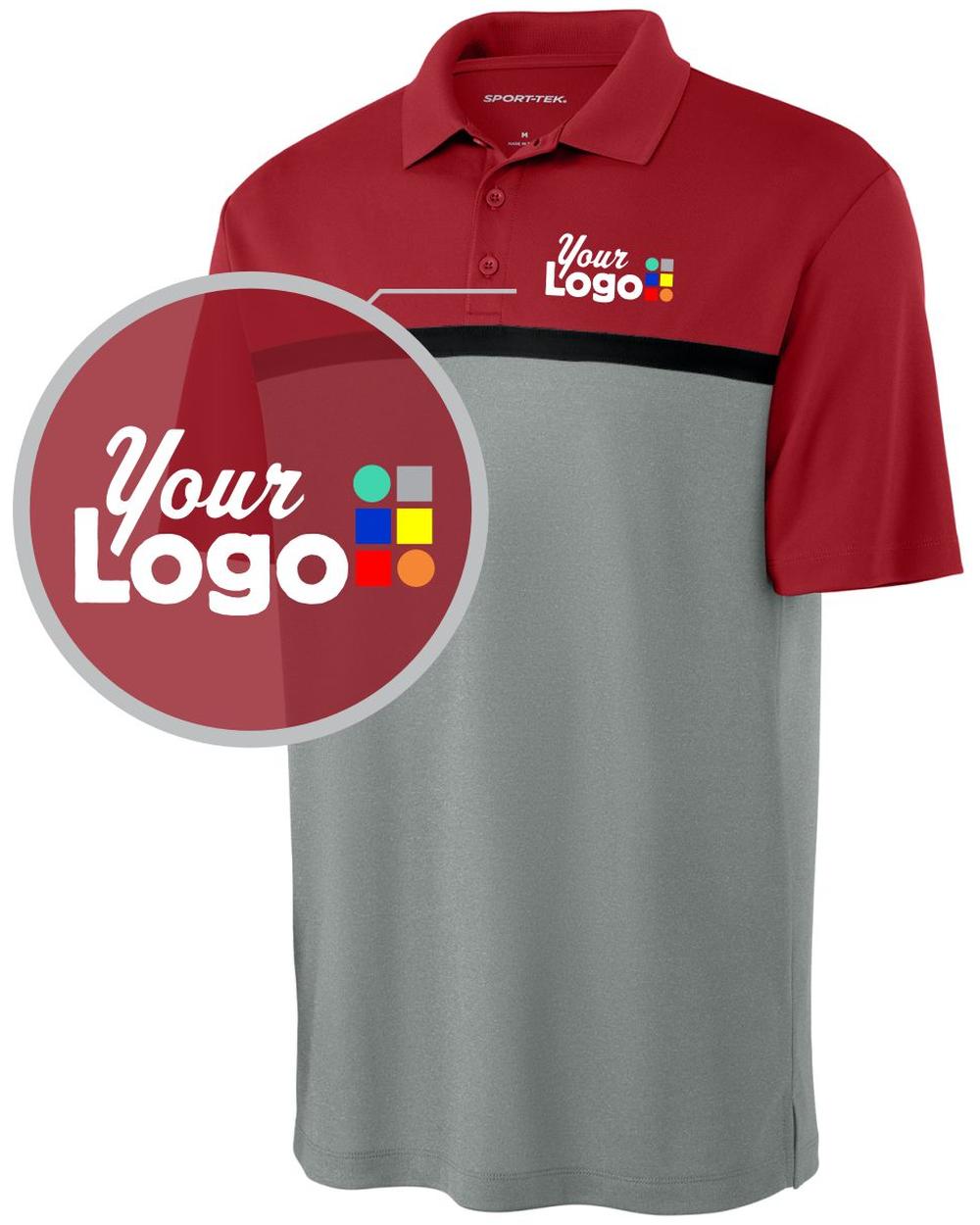 Sport-Tek S/S UV Micropique ColorBlock Custom Golf Shirt, color: Deep Red/Grey Concrete Heather/Black