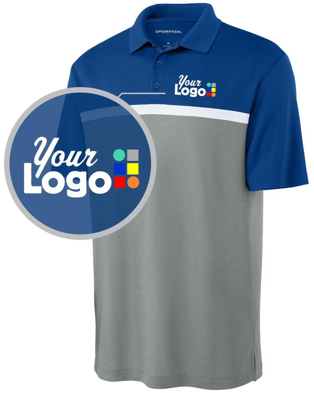Sport-Tek S/S UV Micropique ColorBlock Custom Golf Shirt, color: True Royal/Grey Concrete Heather/White
