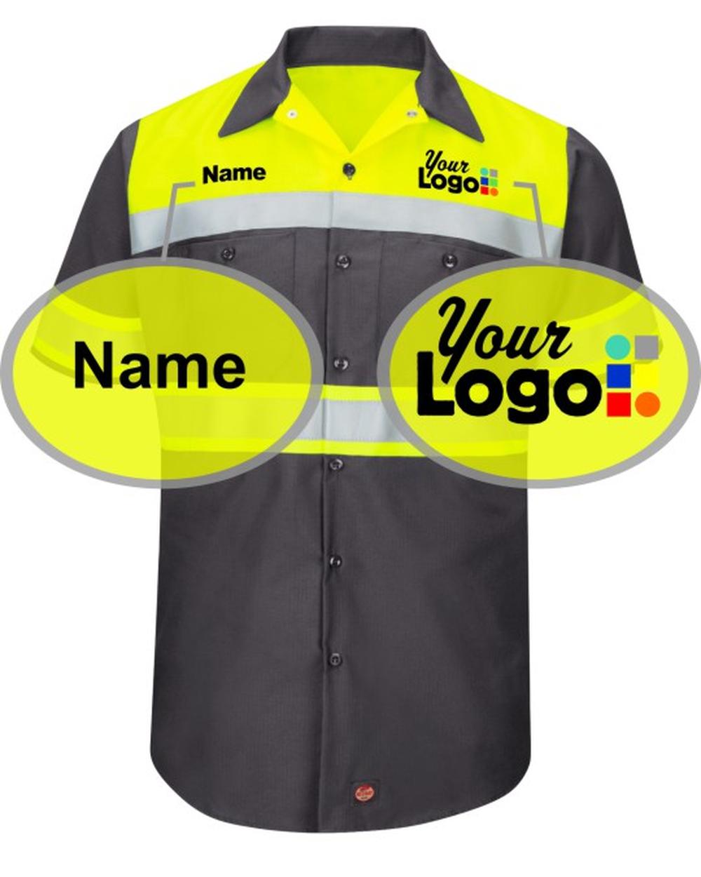 RedKap S/S Hi-Visibility ColorBlock Custom Work Shirt, color: Charcoal/Fluorescent Yellow