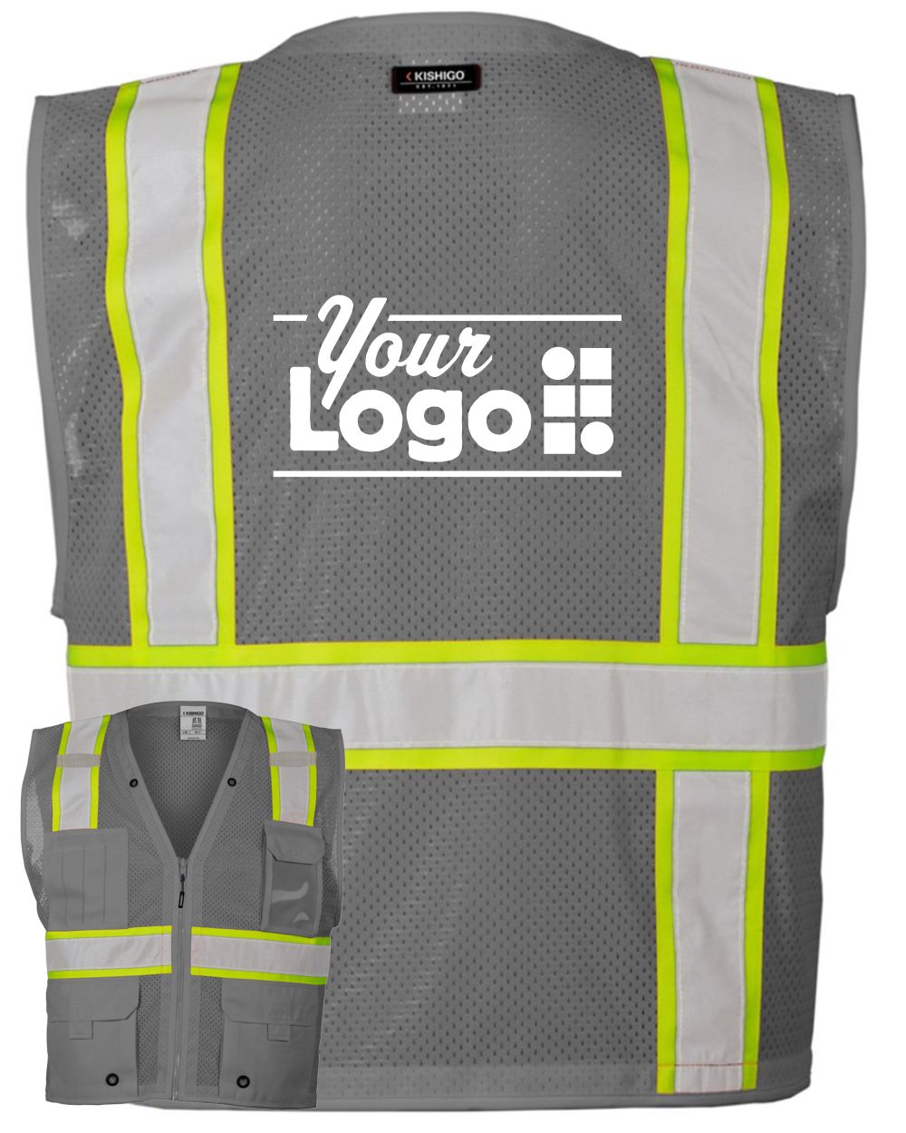 Kishigo Unisex EV Series Enhanced Visibility Multi-Pocket Mesh Custom Vest, color: Grey/Lime
