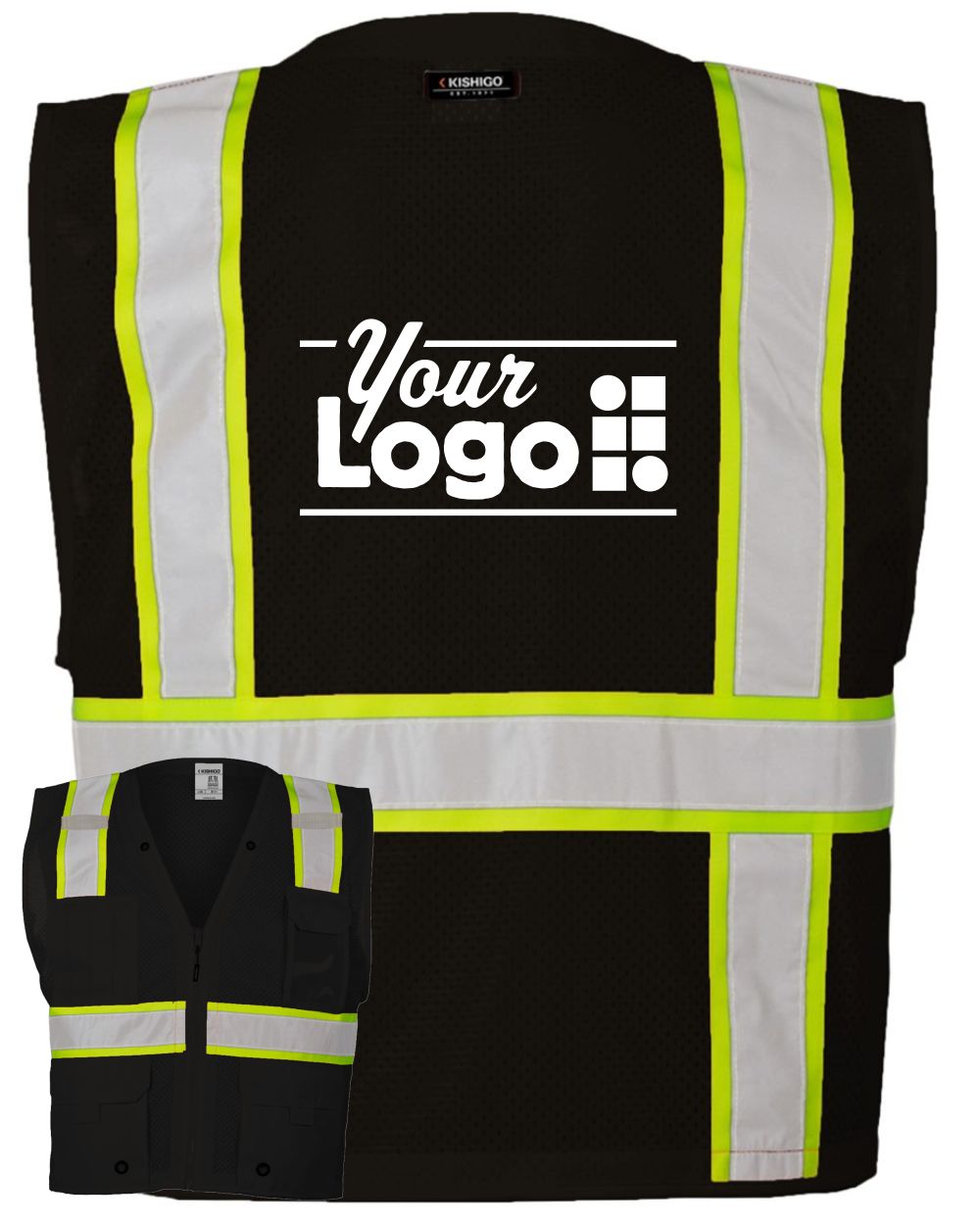 Kishigo Unisex EV Series Enhanced Visibility Multi-Pocket Mesh Custom Vest, color: Black/Lime