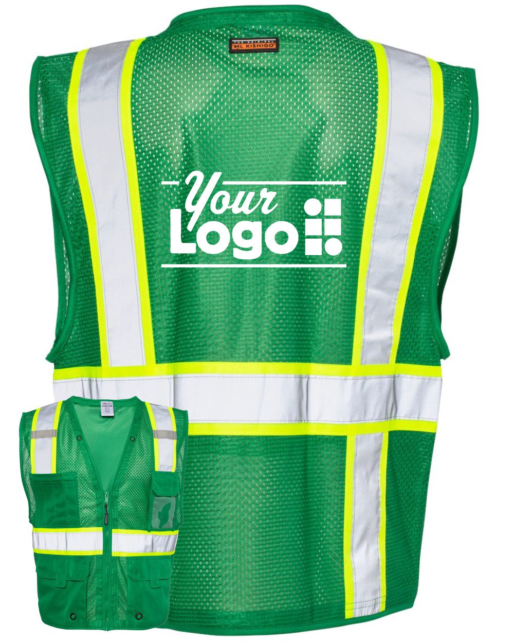 Kishigo Unisex EV Series Enhanced Visibility Multi-Pocket Mesh Custom Vest, color: Green/Lime