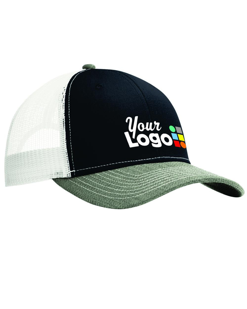 Port Authority Snapback Trucker Custom Cap, color: Rich Navy/Heather Grey/White