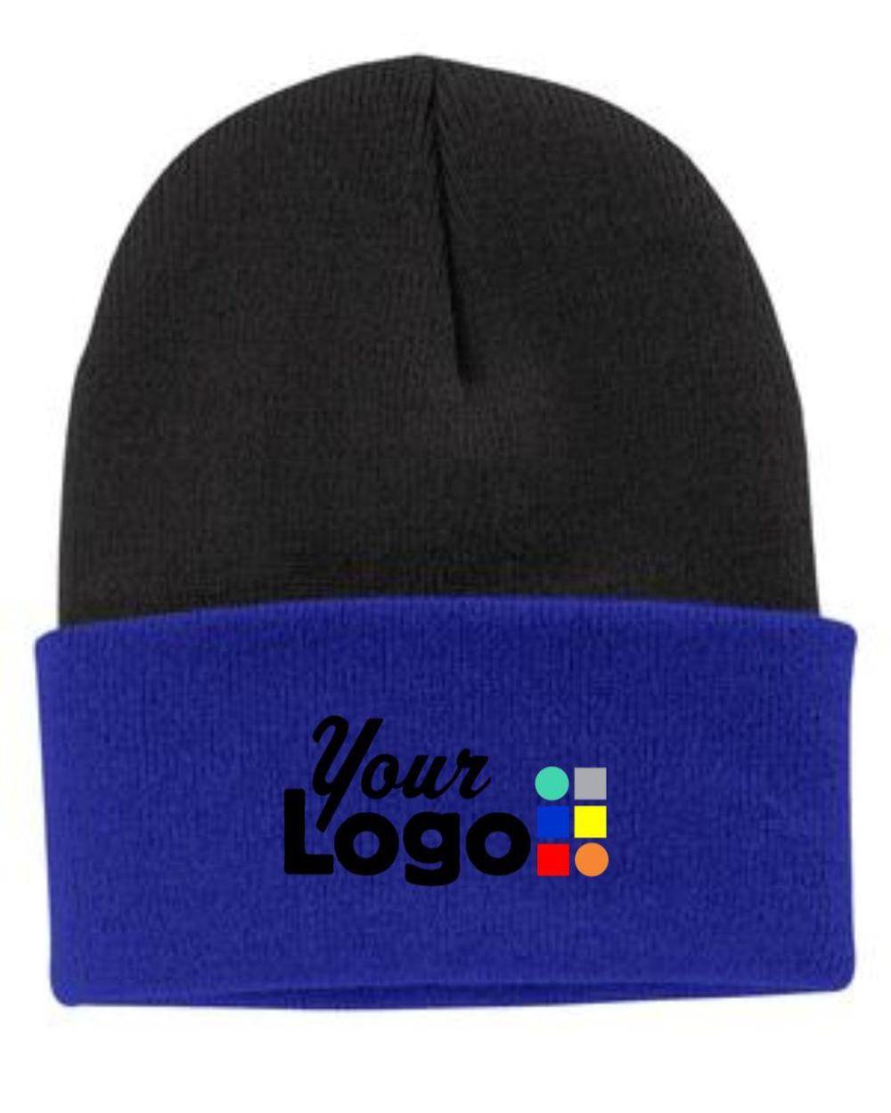 Port & Company Knit Custom Beanie, color: Black/Athletic Royal
