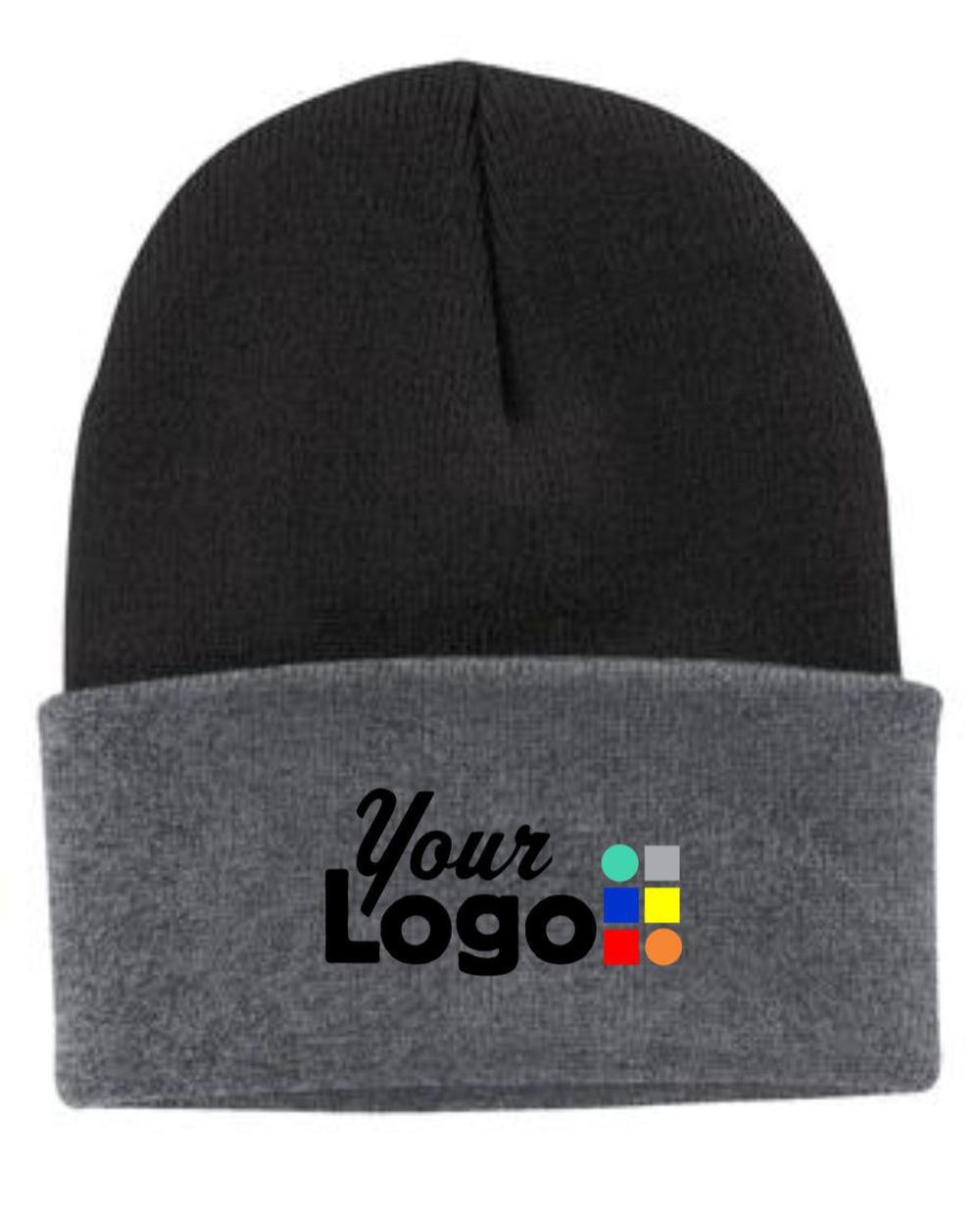 Port & Company Knit Custom Beanie, color: Black/Athletic Oxford