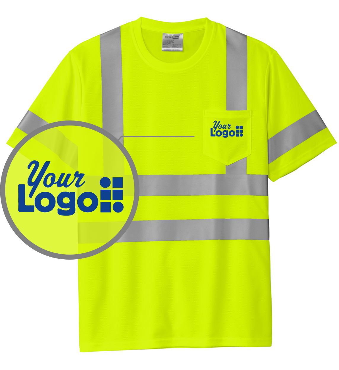 CornerStone S/S Hi-Visibility ANSI 107 Class-3 Pocket Custom T-Shirt, color: Safety Yellow