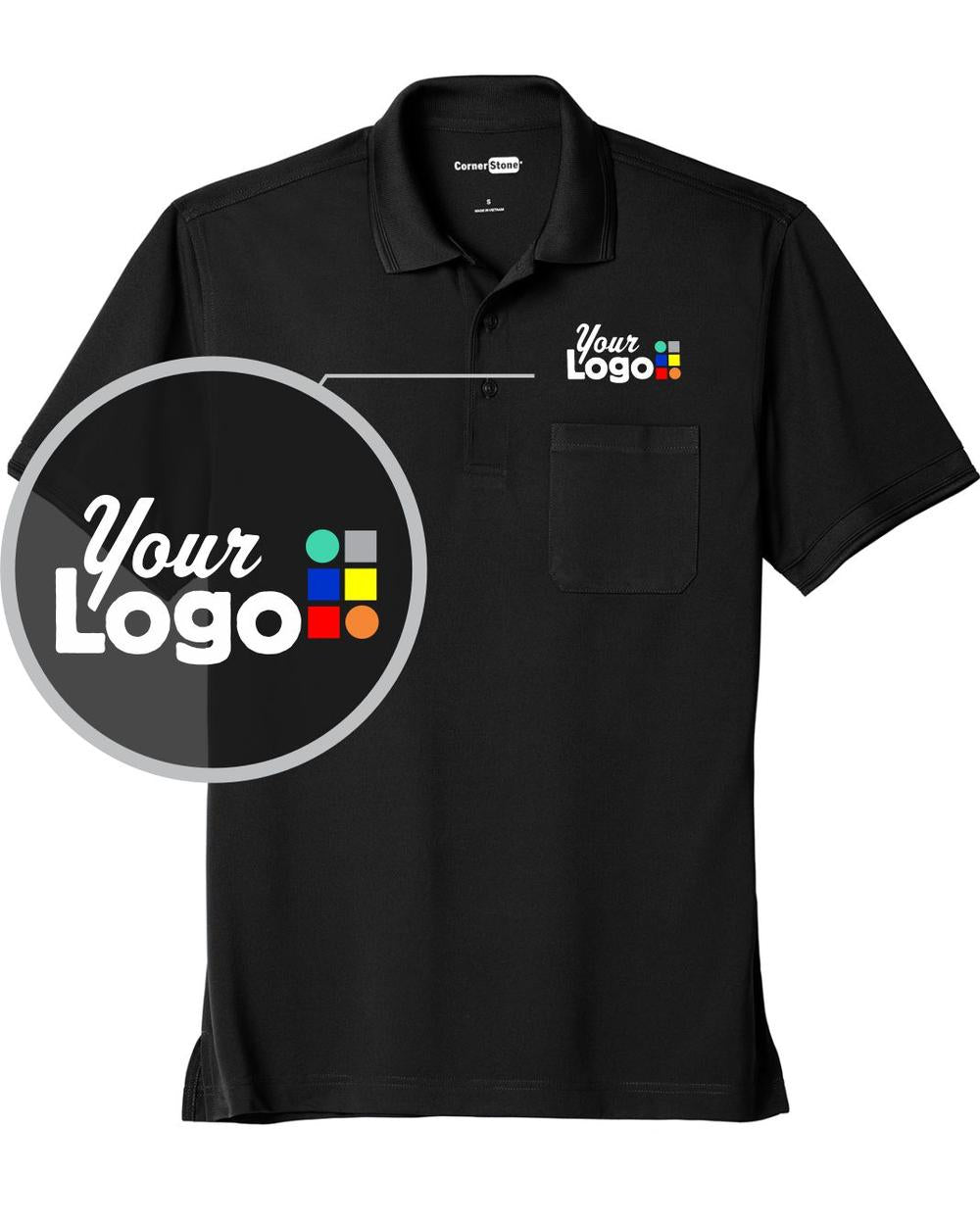 CornerStone S/S Industrial Snag-Proof Pique Pocket Custom Golf Shirt, color: Black