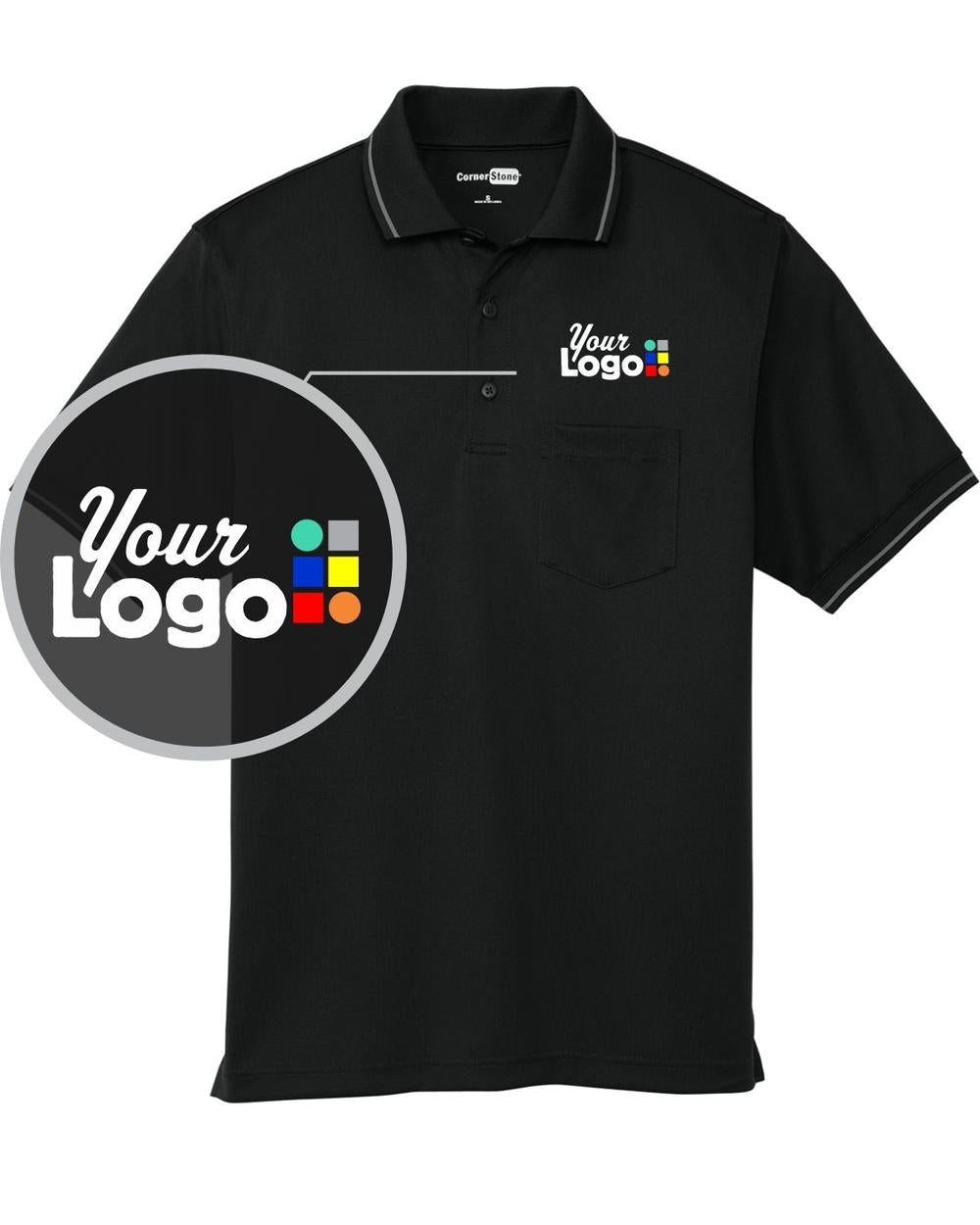 CornerStone S/S Snag-Proof Tipped Pocket Industrial Custom Golf Shirt, color: Black/Smoke Grey