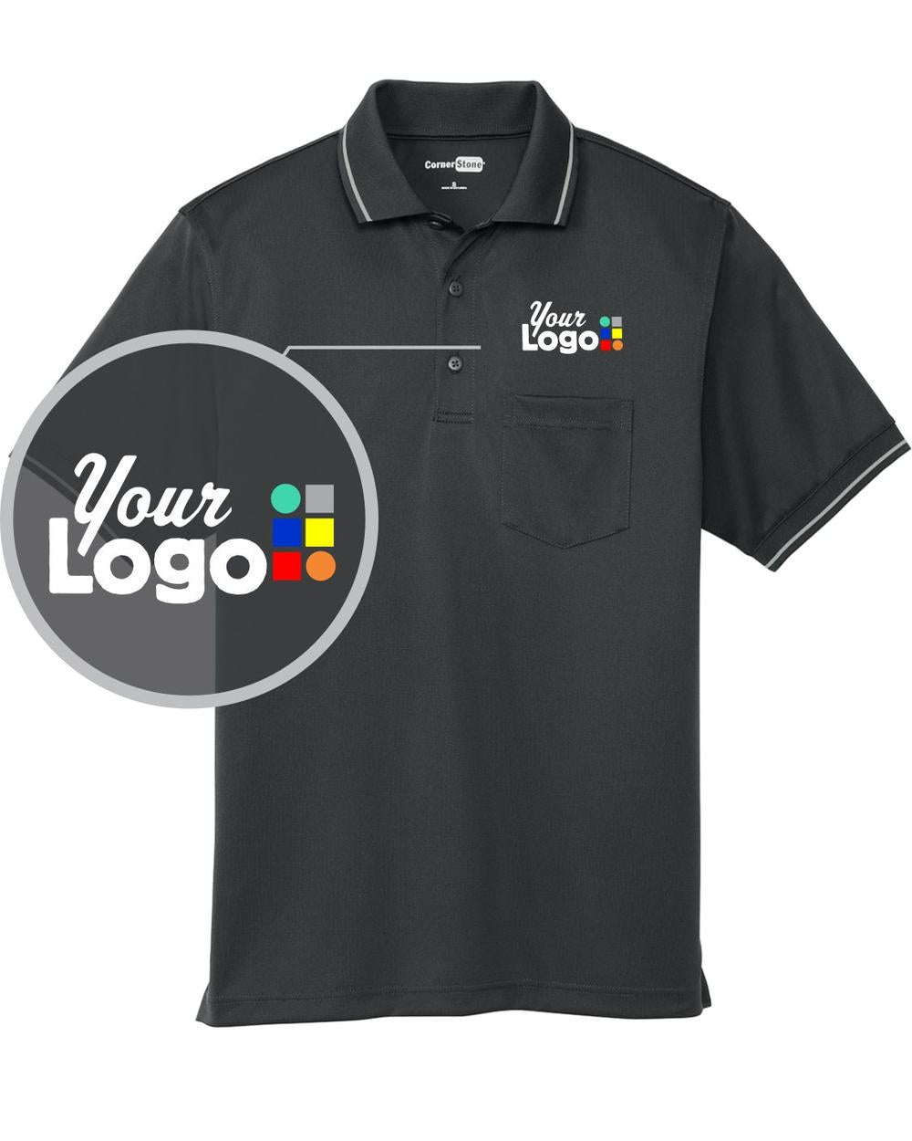 CornerStone S/S Snag-Proof Tipped Pocket Industrial Custom Golf Shirt, color: Charcoal/Light Grey