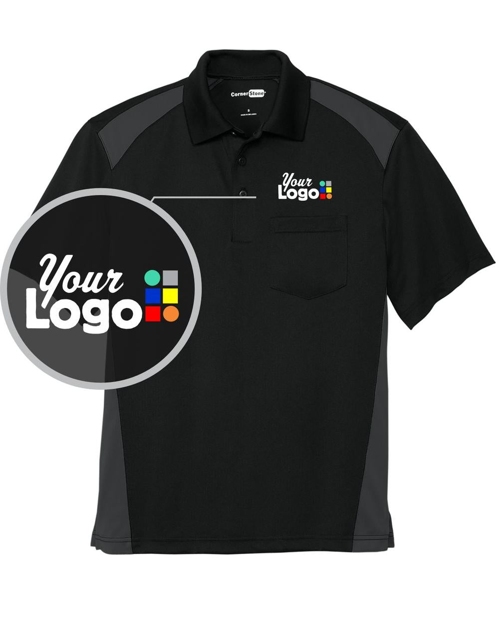 CornerStone S/S Snag-Proof Colorblock Pocket Industrial Custom Golf Shirt, color: Black/Charcoal