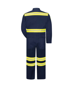 CT10EV Men's Redkap Men's Twill Action-Back Hi-Visibility Coverall, color: Navy With Yellow/Green Visibility Trim