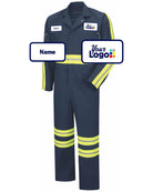 RedKap Twill Action-Back Custom Coverall, color: Navy With Yellow/Green Visibility Trim