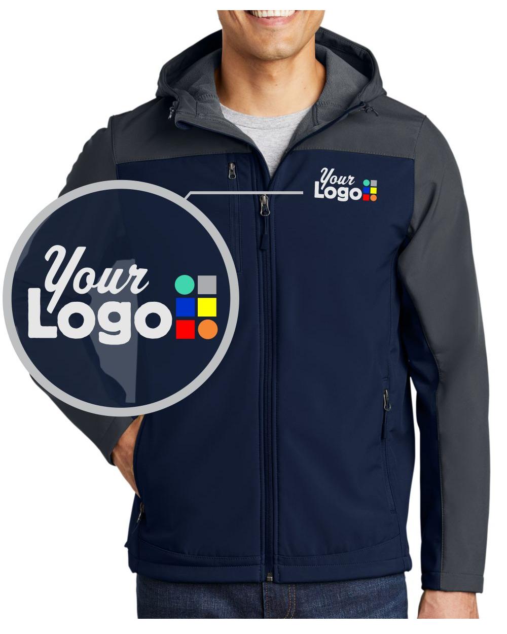 Port Authority Hooded Core Soft Shell Custom Jacket, color: Dress Blue Navy/Battleship Grey