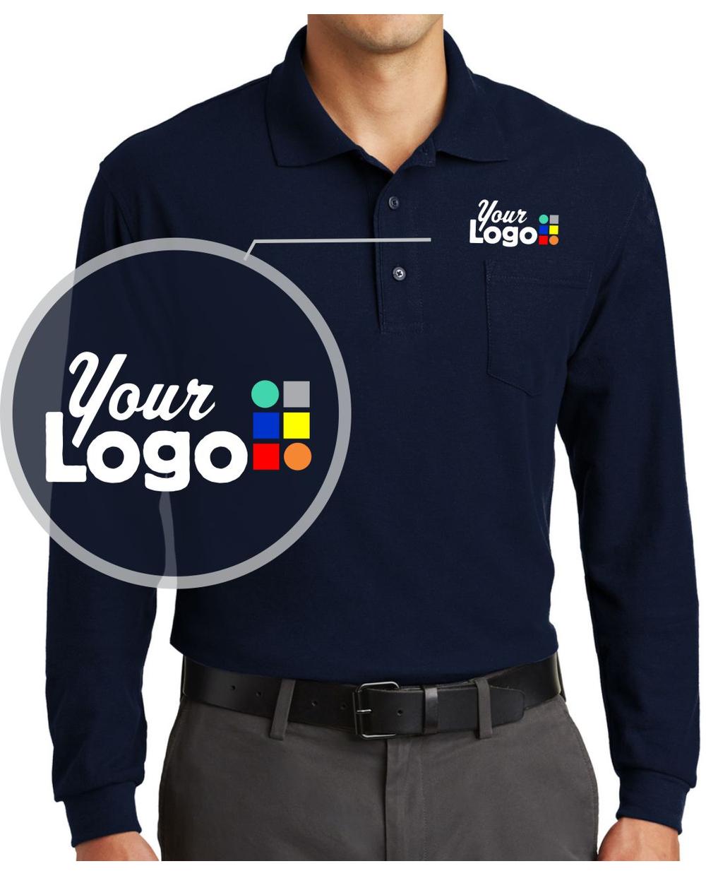Port Authority L/S Silk-Touch Pocket Custom Golf Shirt, color: Navy