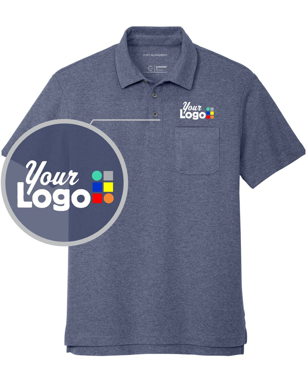 Port Authority S/S C-Free Cotton Blend Pique Pocket Custom Golf Shirt, color: Navy Heather