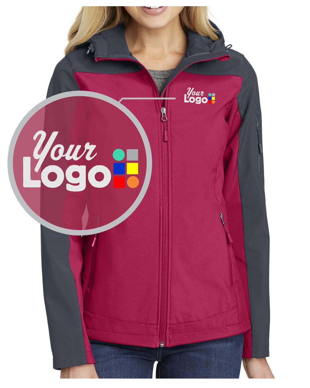 Port Authority Hooded Core Soft Shell Custom Jacket, color: Dark Fuchsia/Battleship Grey