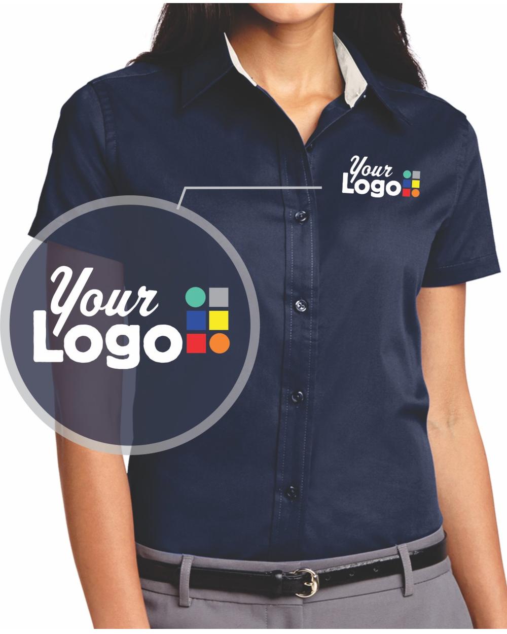 Port Authority Women's S/S Easy Care Custom Shirt, color: Navy/Light Stone